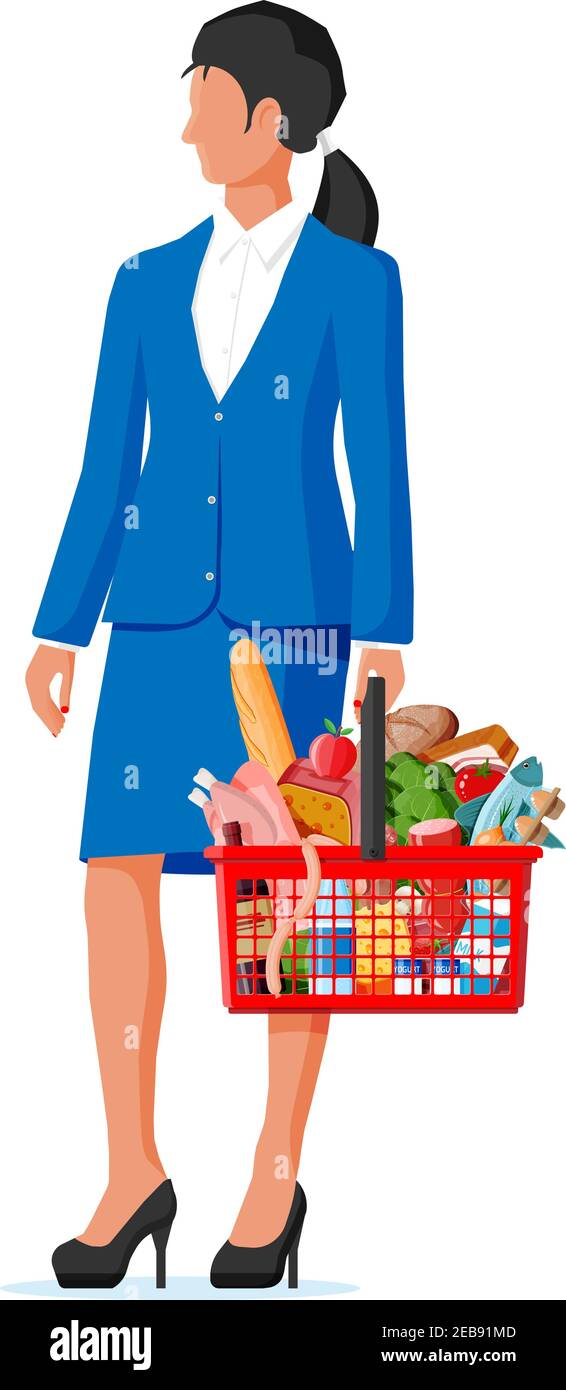 Woman with shopping basket full of fresh products. Grocery store supermarket. Food and drinks. Milk, vegetables, meat, chicken cheese, sausages, salad, bread cereal steak egg. Flat vector illustration Stock Vector