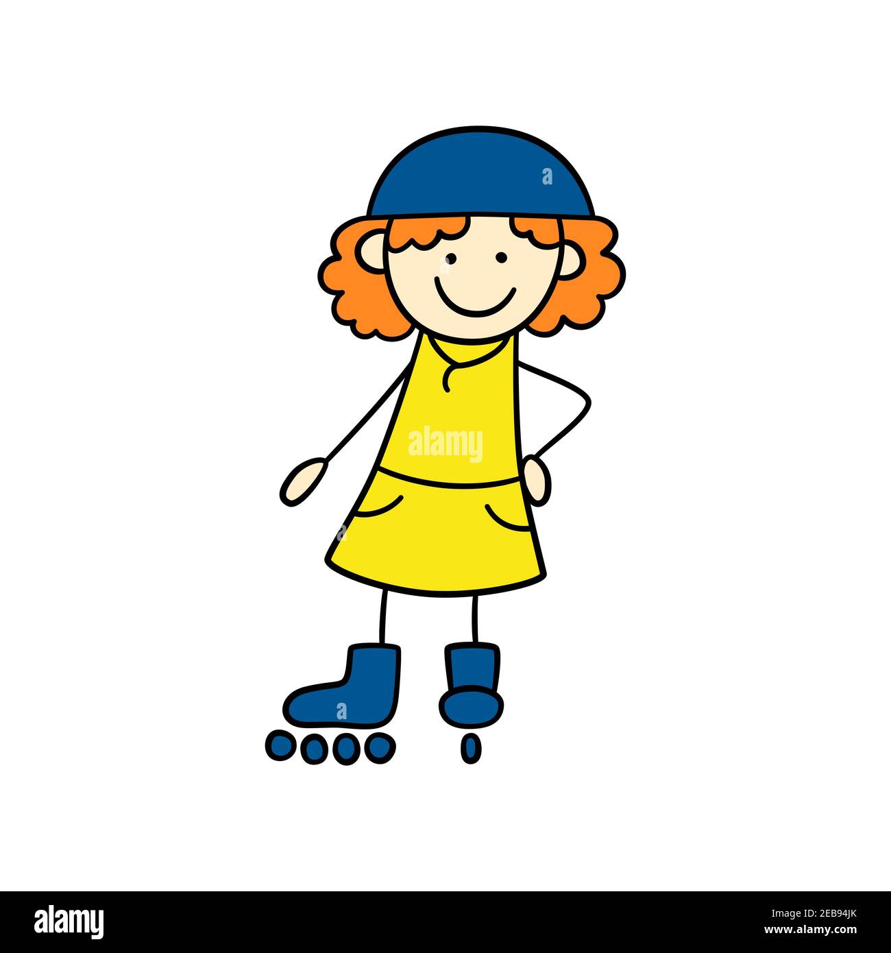 Funny little girl on roller skates. Cute kid drawing. Hand drawn vector