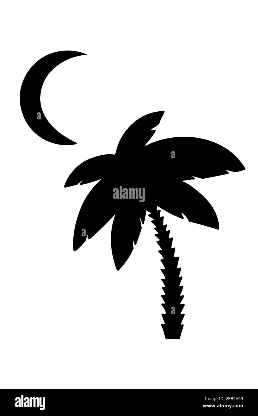 Palm tree and moon silhouette, isolated hand drawn black and white