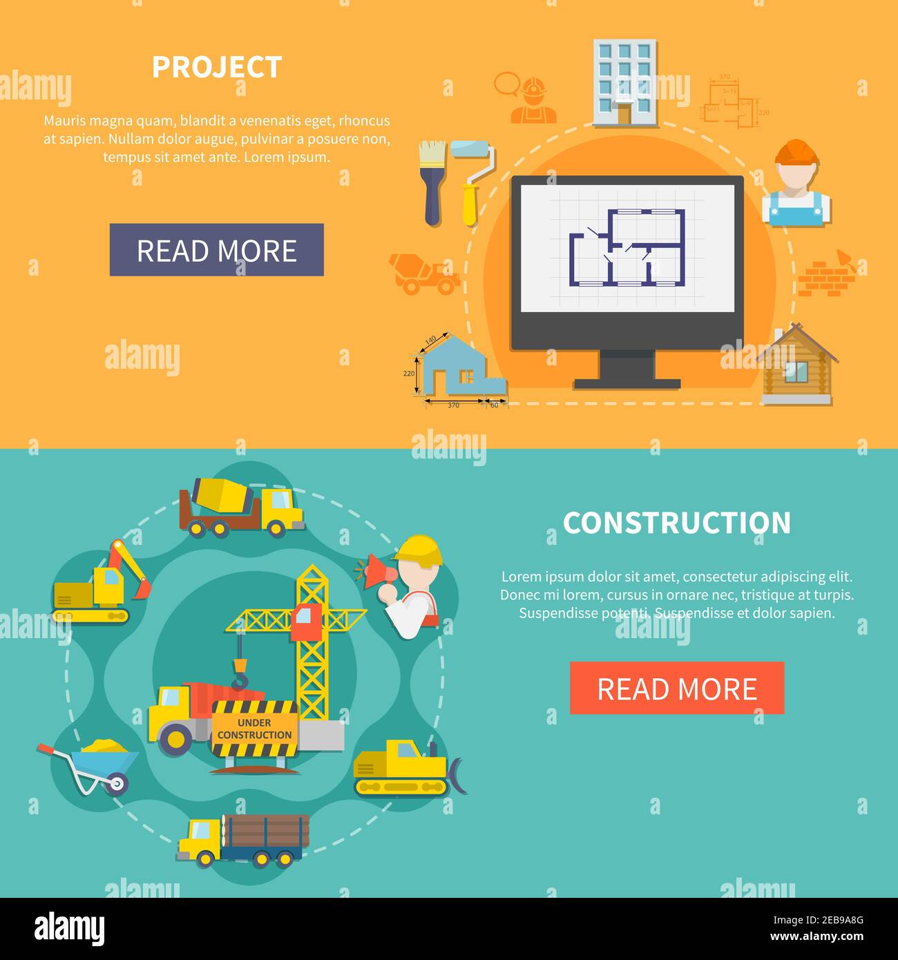Industrial flat horizontal banners with planning of house building construction elements vehicles and equipment vector illustration Stock Vector