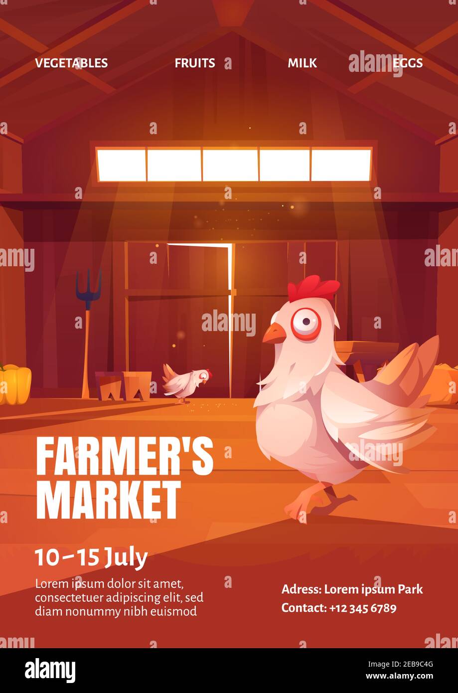 Farmers market poster with illustration of hen in wooden barn. Vector flyer of agriculture fair for sale harvest and food from farms. Cartoon interior of shed with chickens, hay and fork Stock Vector