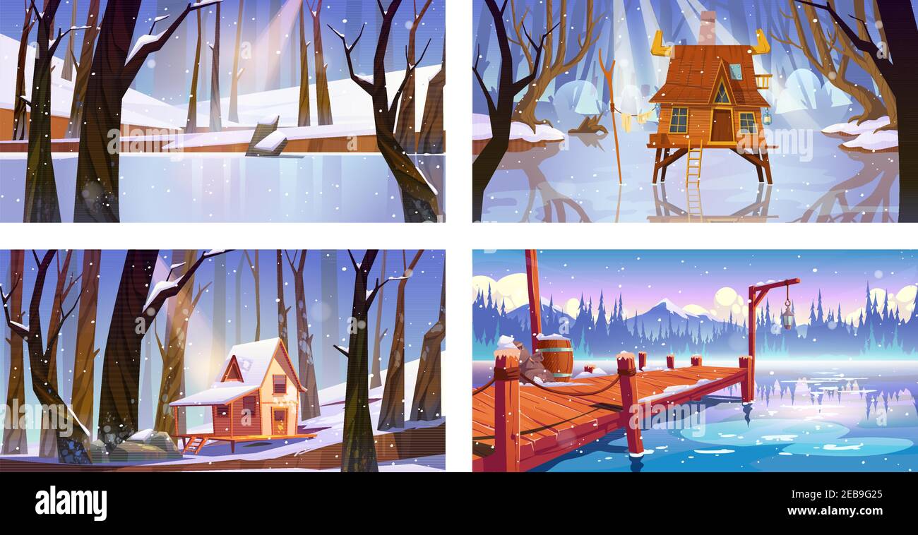 Set of winter landscape backgrounds with wooden houses, frozen swamp, forest lake and pier. Shack on piles in deep wood, witch hut, computer game wintertime natural scenes, Cartoon vector illustration Stock Vector