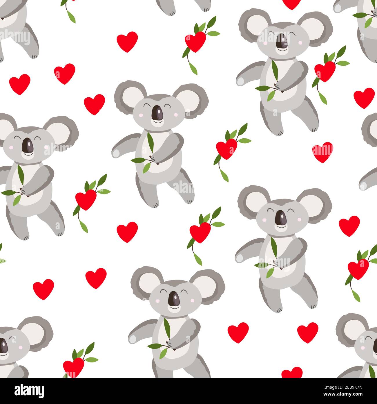 Seamless pattern with cute koala baby and hearts on white background ...