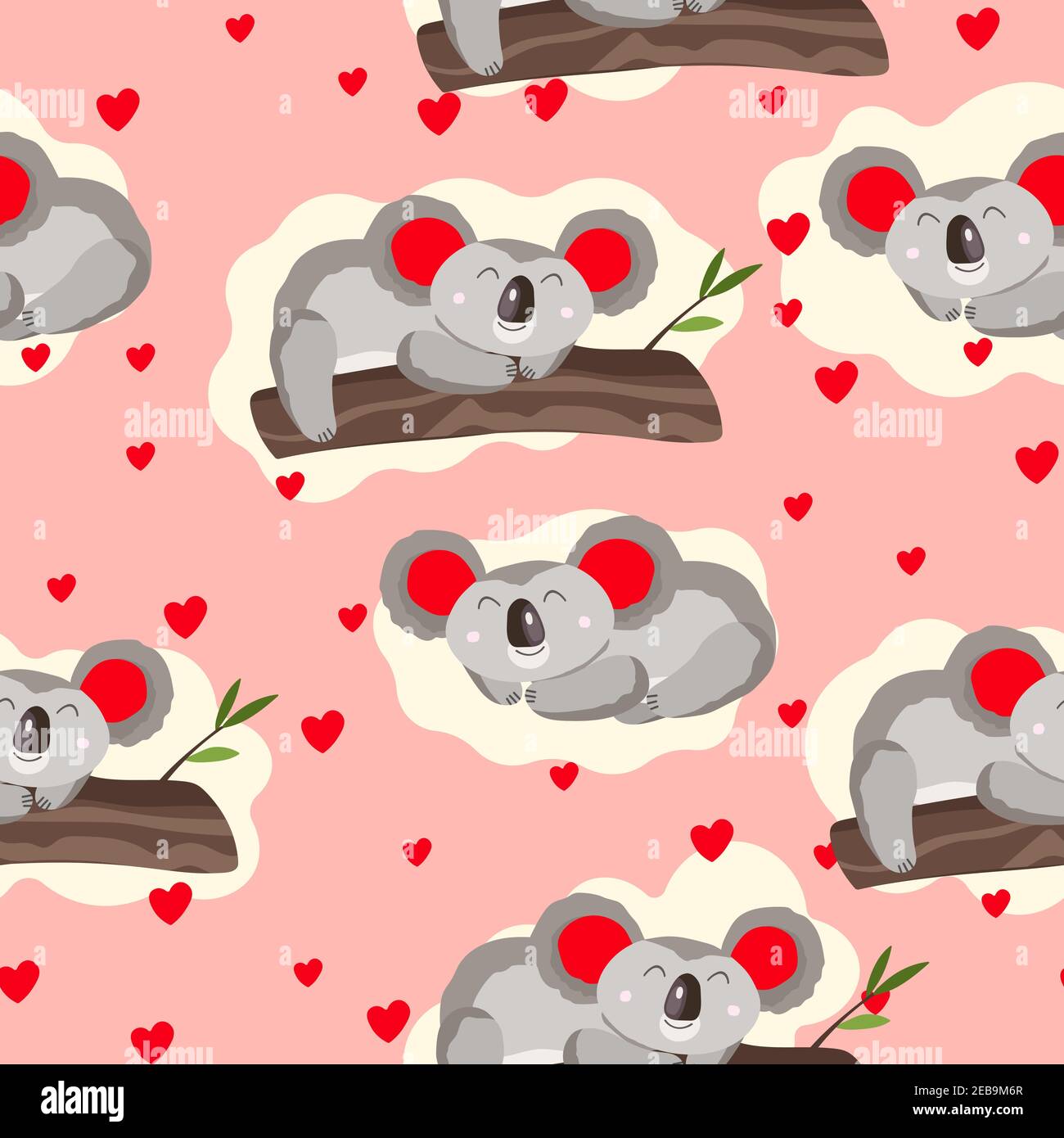 Seamless pattern with cute koala baby and hearts on color background ...