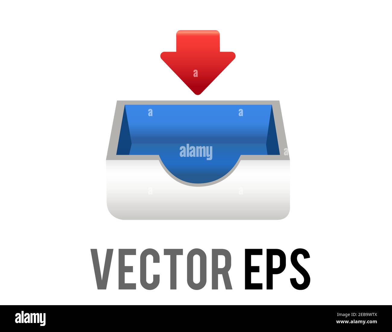 The isolated vector mail, document paper tray icon with red down arrow for email inbox, used for digital activity, downloading, messaging and emailing Stock Vector