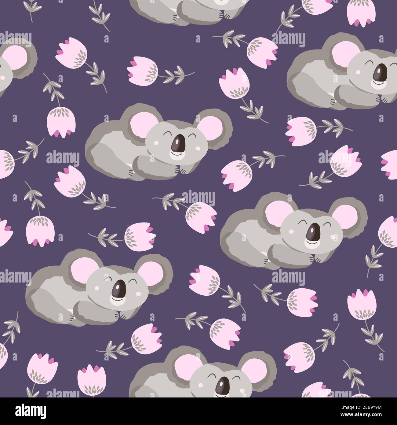 Seamless pattern with cute koala baby and flowers on color background ...