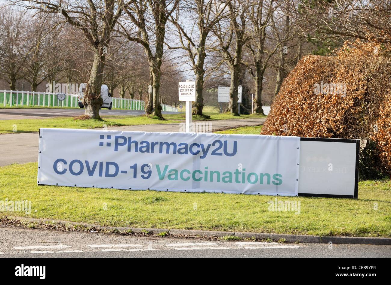 Pharmacy2U sign at a Covid19 vaccination centre, A private UK online pharmacy offering NHS vaccinations in the coronavirus pandemic, Suffolk UK Stock Photo