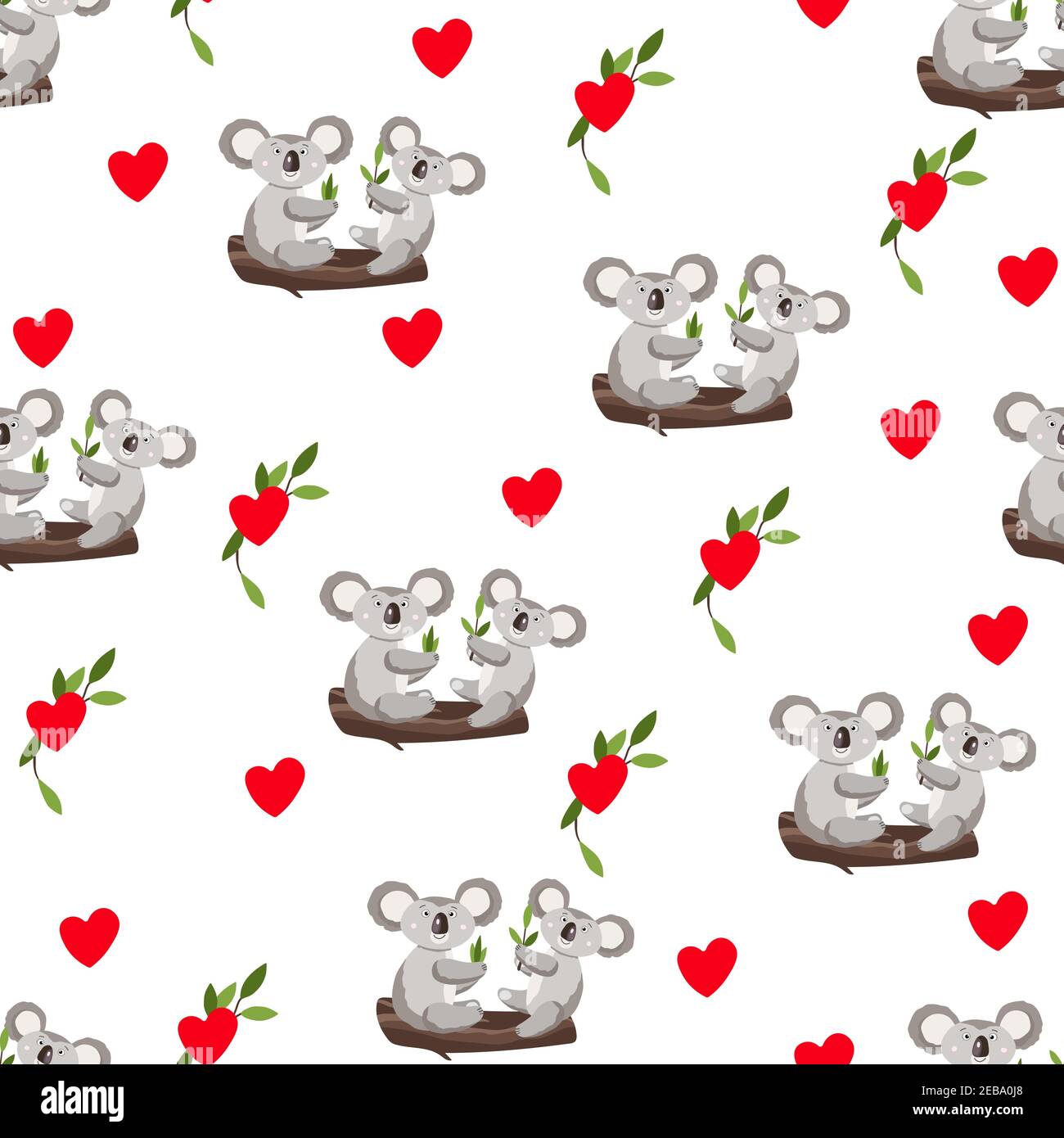 Seamless pattern with cute koala baby and hearts on white background ...