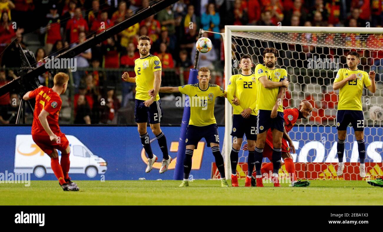 Soccer Football Euro Qualifier Group I Belgium V Scotland King Baudouin Stadium Brussels Belgium June 11 19 Belgium S Kevin De Bruyne Shoots At Goal From A
