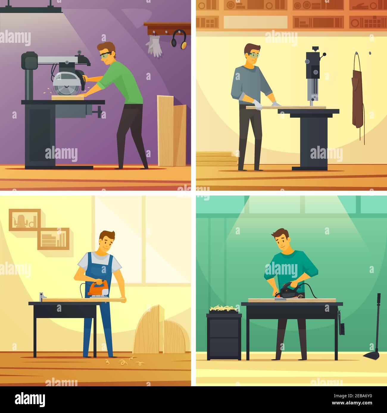 Woodworking carpentry services 4 flat icons composition poster with cutting grinding and