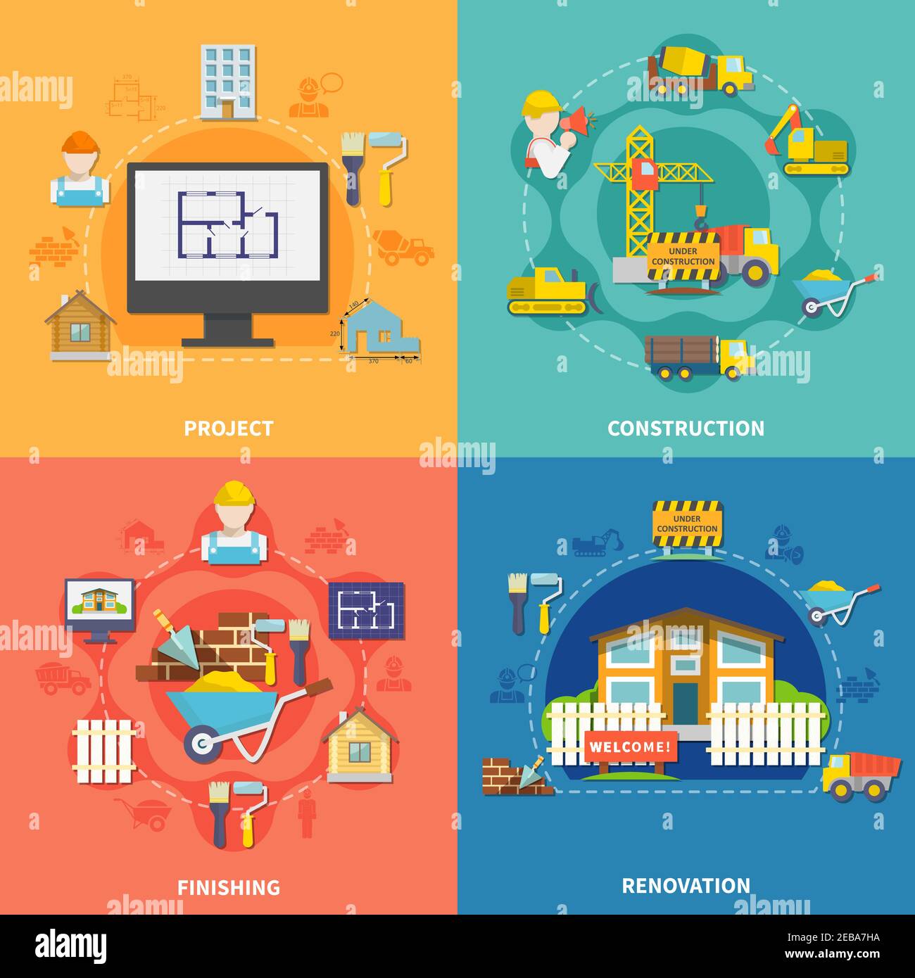 Construction flat concept with engineering planning building vehicles elements repair and improvement vector illustration Stock Vector