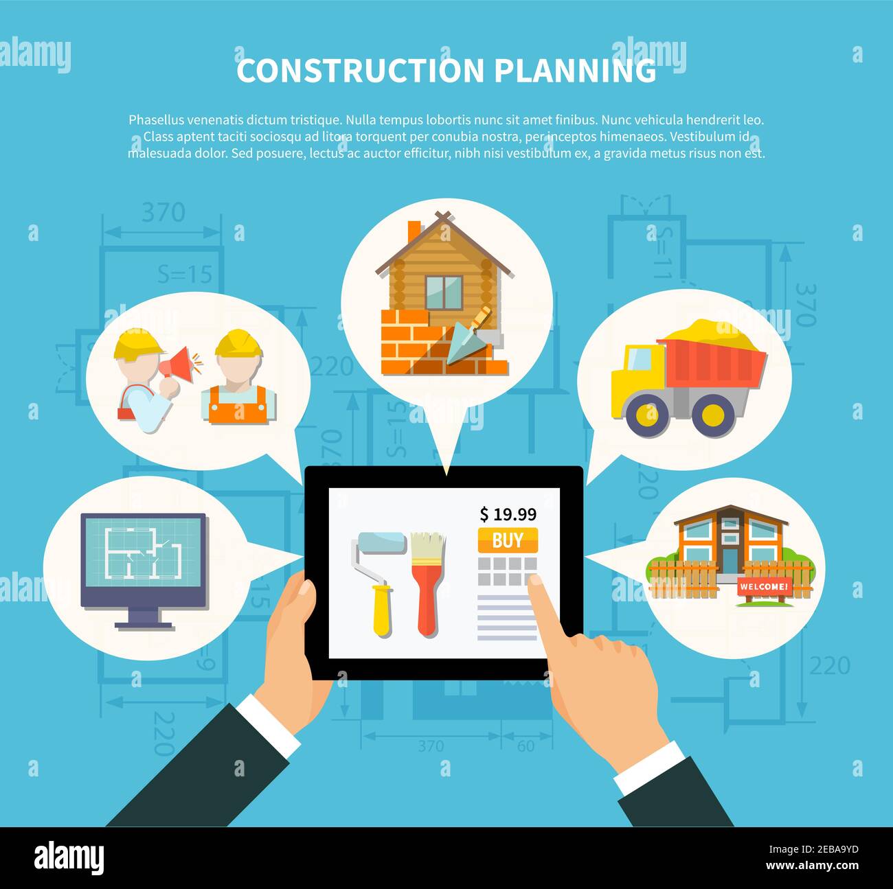 Flat construction planning diagram concept with hand holding tablet and building scheme contractor house truck vector illustration Stock Vector