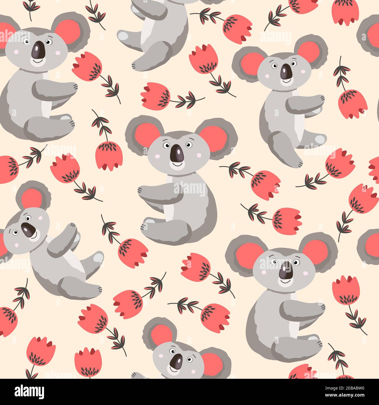 Seamless pattern with cute koala baby and flowers on color background ...