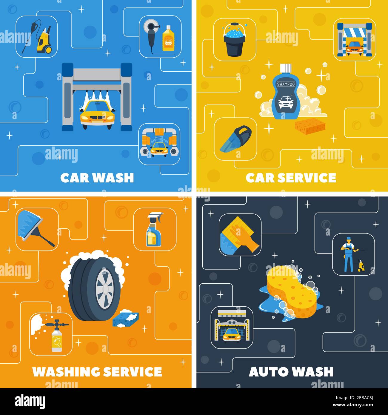 Auto center car wash 4 flat icons square composition with self and full