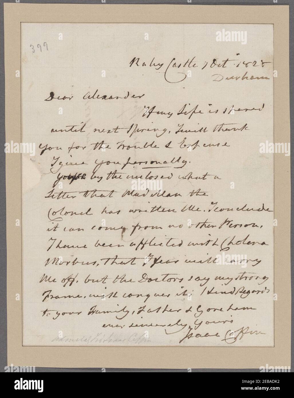 Coffin, Isaac. Raby Castle, Durham. To Captain Alexander Coffin Stock ...