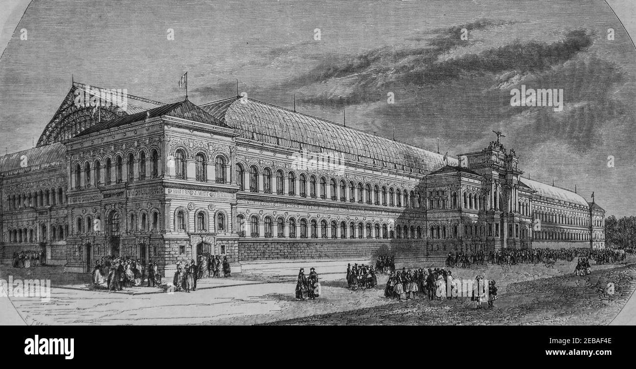 vue du palais de l'exposition universelle aux champs elysees , le magazin pittoresque par edouard charton 1855 Stock Photo