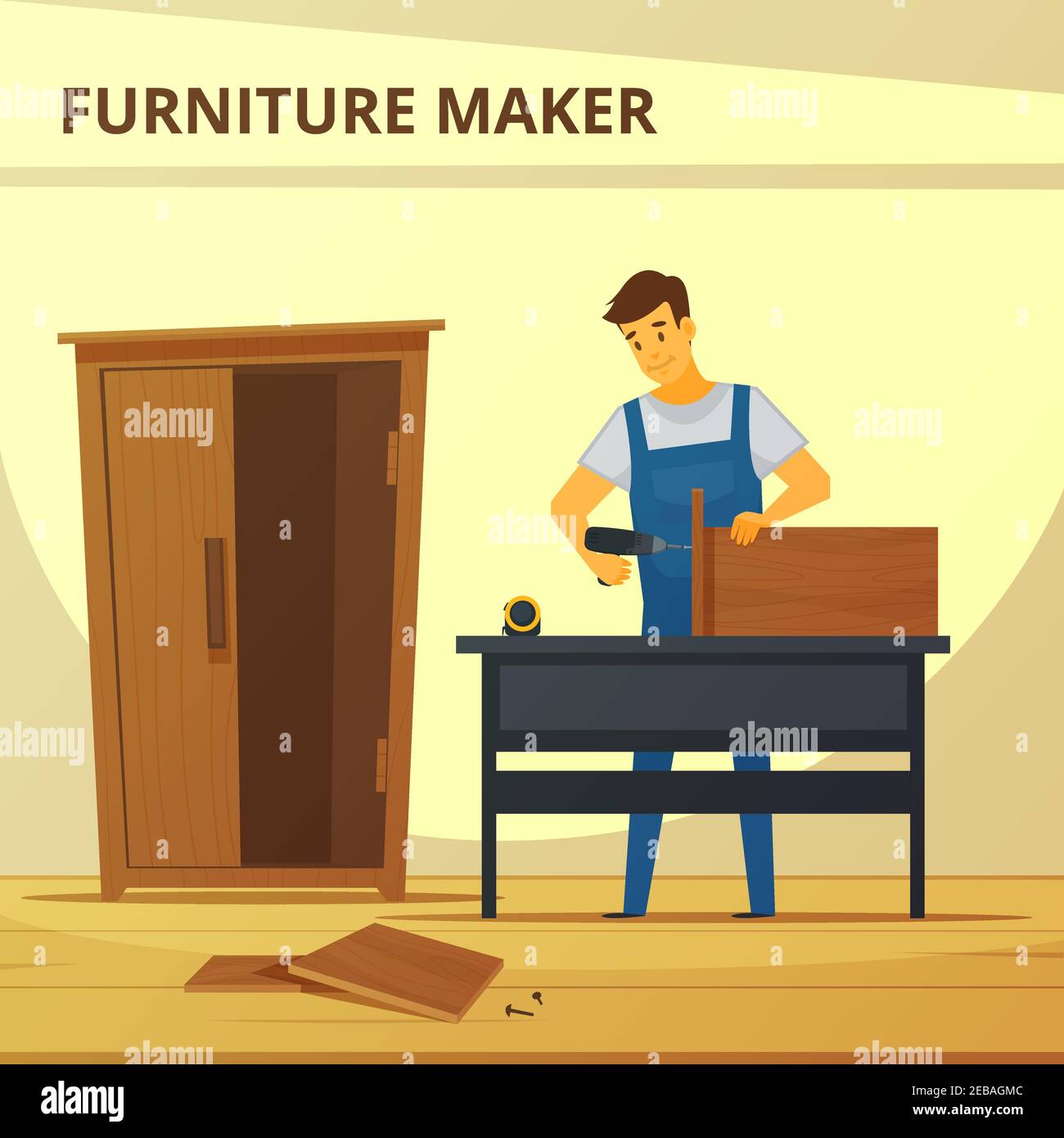 Carpenter assembling furniture flat poster with young professional at work  hand hammering cupboard abstract vector illustration Stock Vector Image &  Art - Alamy