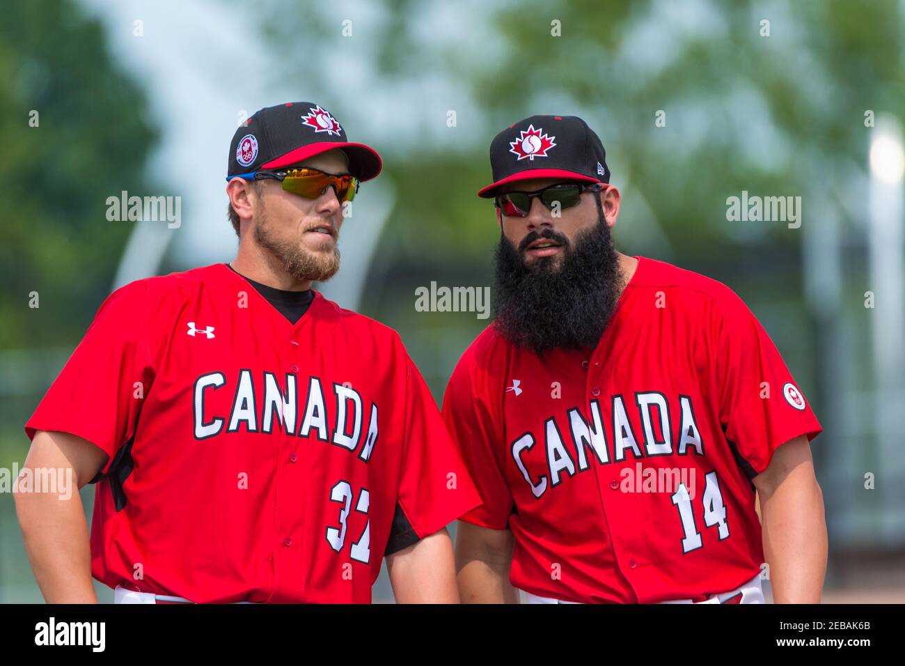 Toronto Pan American Games 2015, Baseball tournament: Jordan Lennerton (left) and Timothy Smith (right) both from team Canada talk at the beginning of Stock Photo