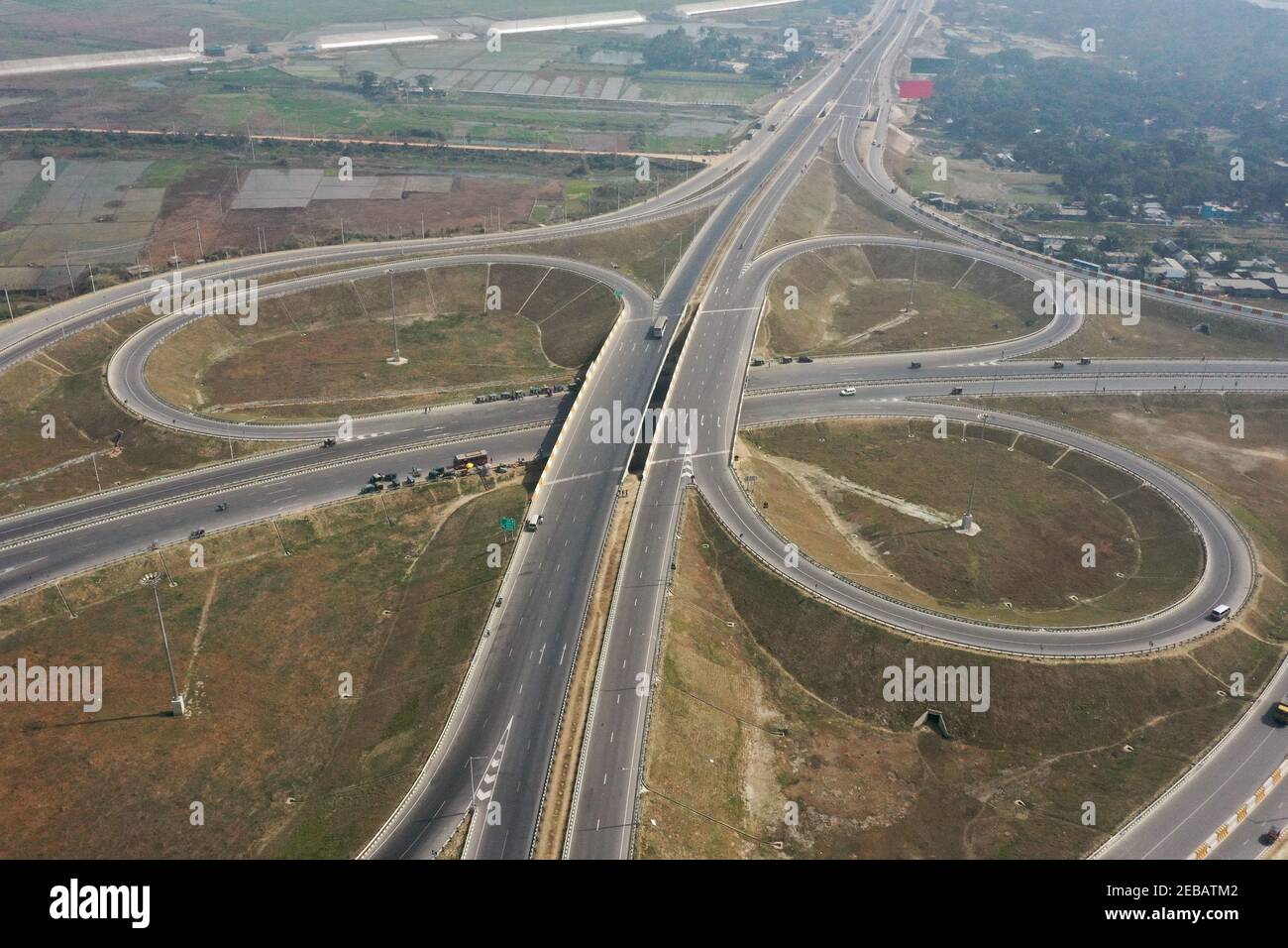 Faridpur, Bangladesh - February 08, 2021: A top view of the Dhaka-Bhanga Expressway. The 54.7km four-lane Dhaka-Bhanga Expressway is expected to reduc Stock Photo