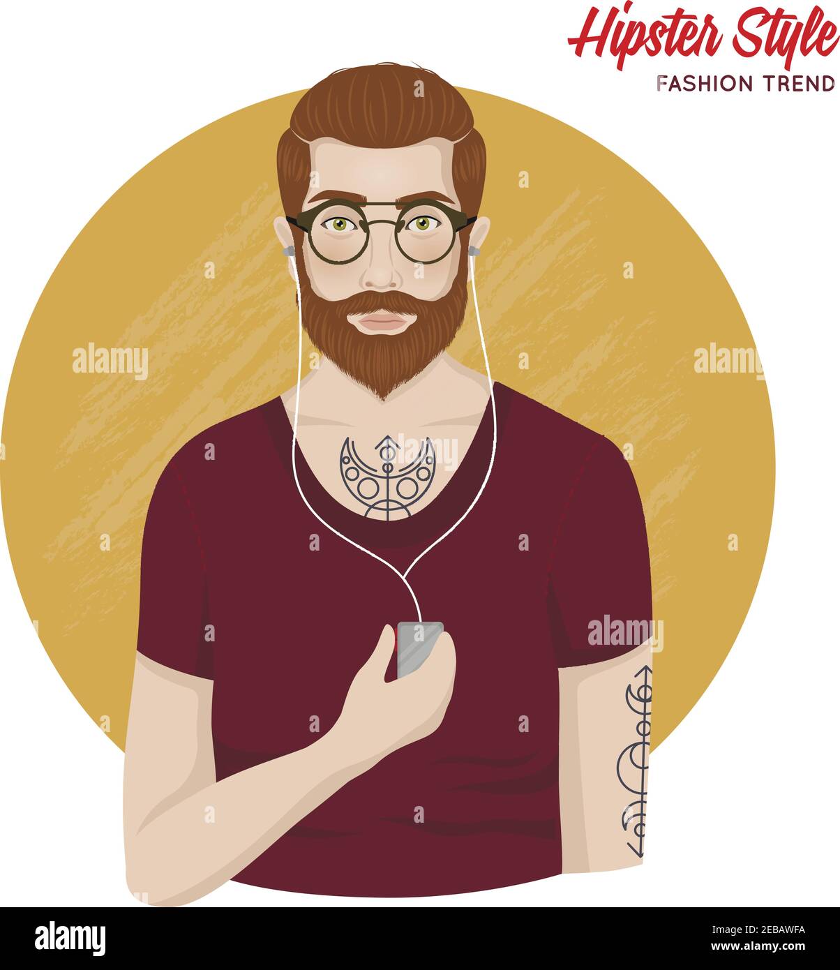 Hipster style template with man shirt beard mustache tatoos glasses headphones isolated vector illustration Stock Vector