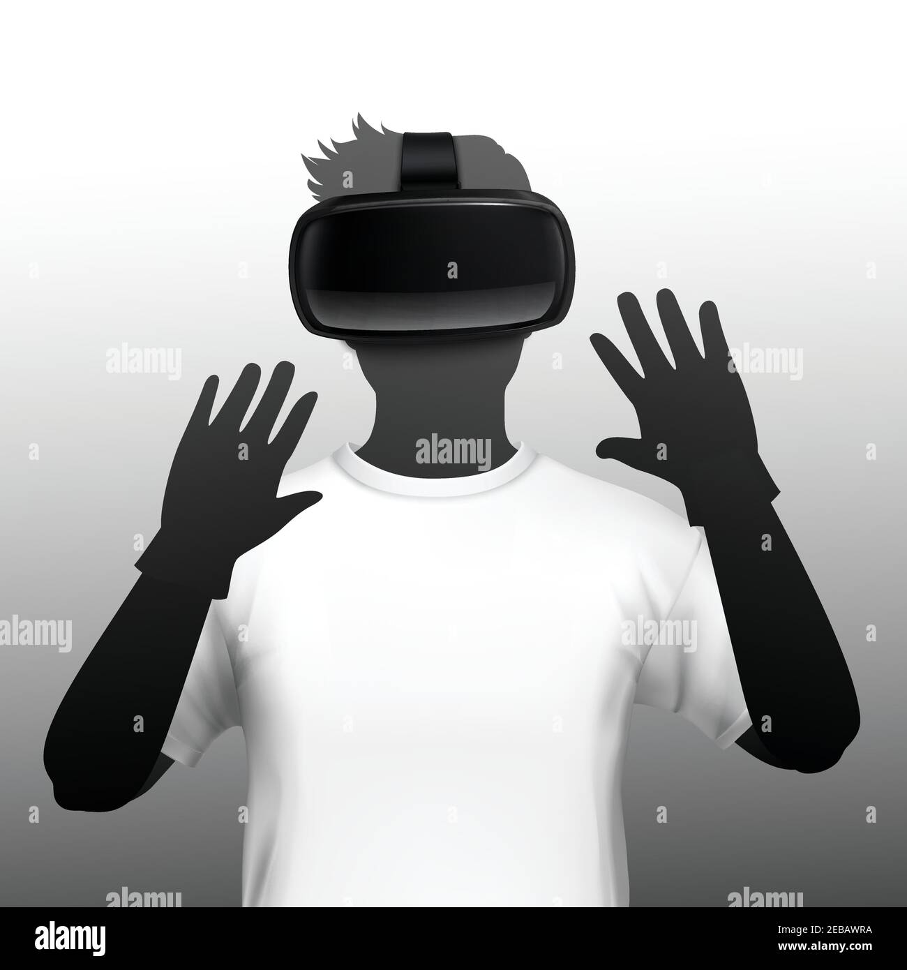 Young man wearing virtual and augmented reality simulation headset and ...