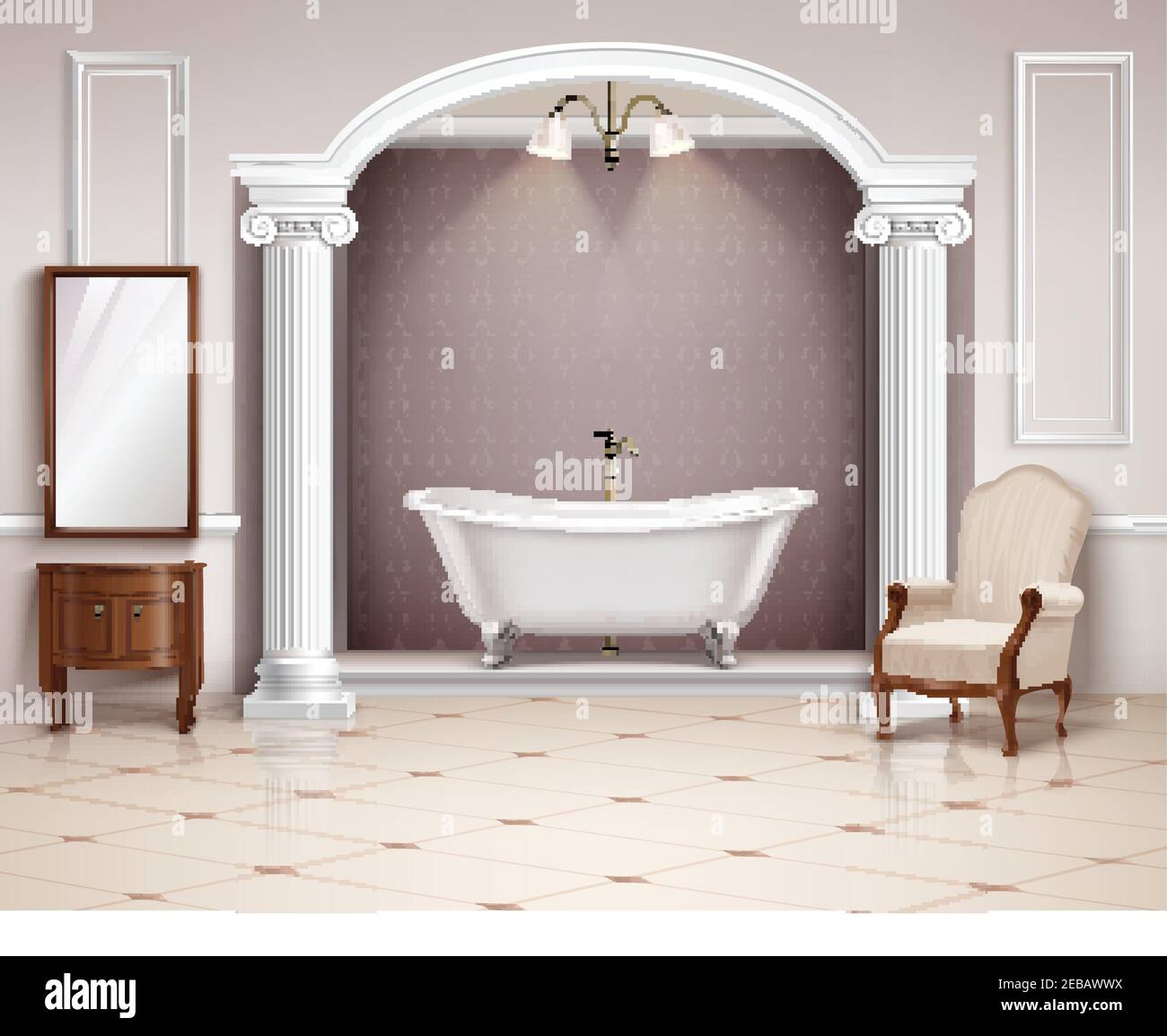 Beautiful luxurious bathroom interior with victorian columns furniture and white clawfoot bathtub realistic design vector illustration Stock Vector