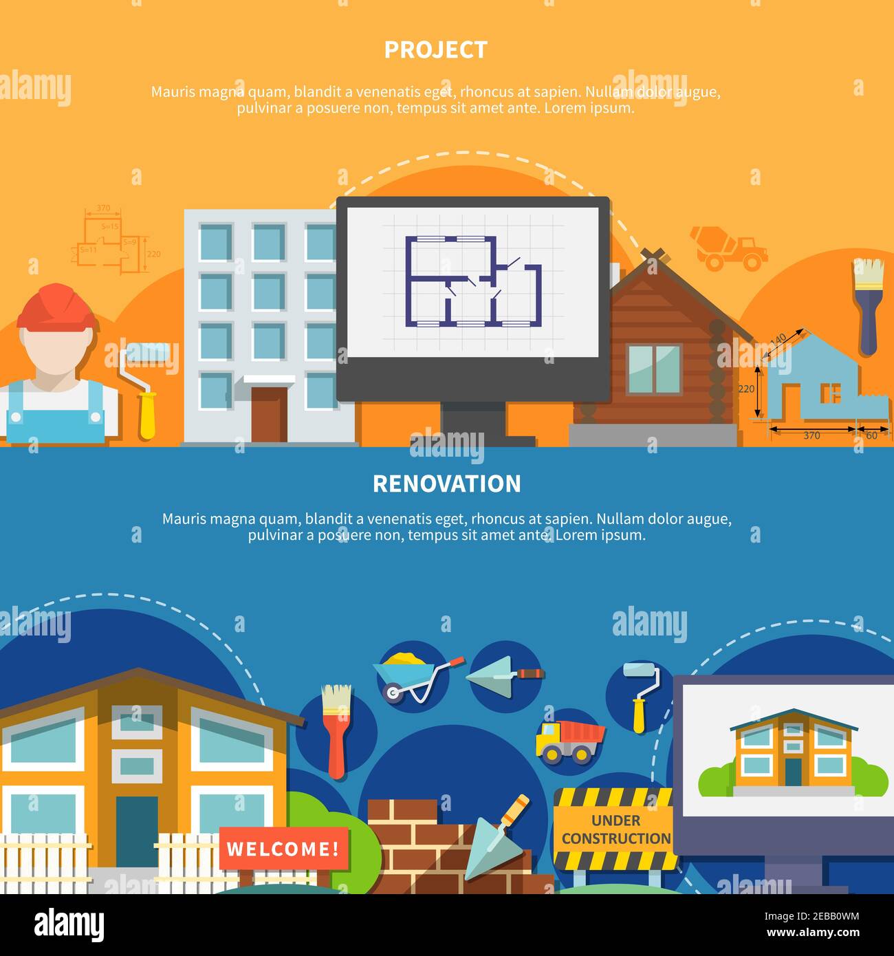 Construction flat horizontal banners with building tools design planning engineering house reconstruction development vector illustration Stock Vector