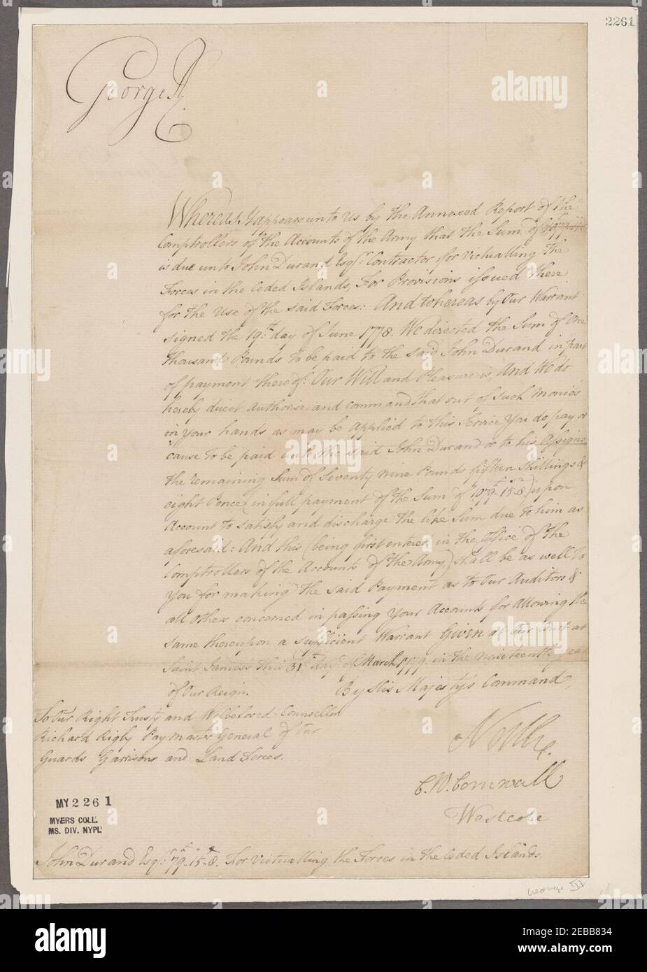 George III. St. James Court. To Richard Rigby, Paymaster General Stock ...