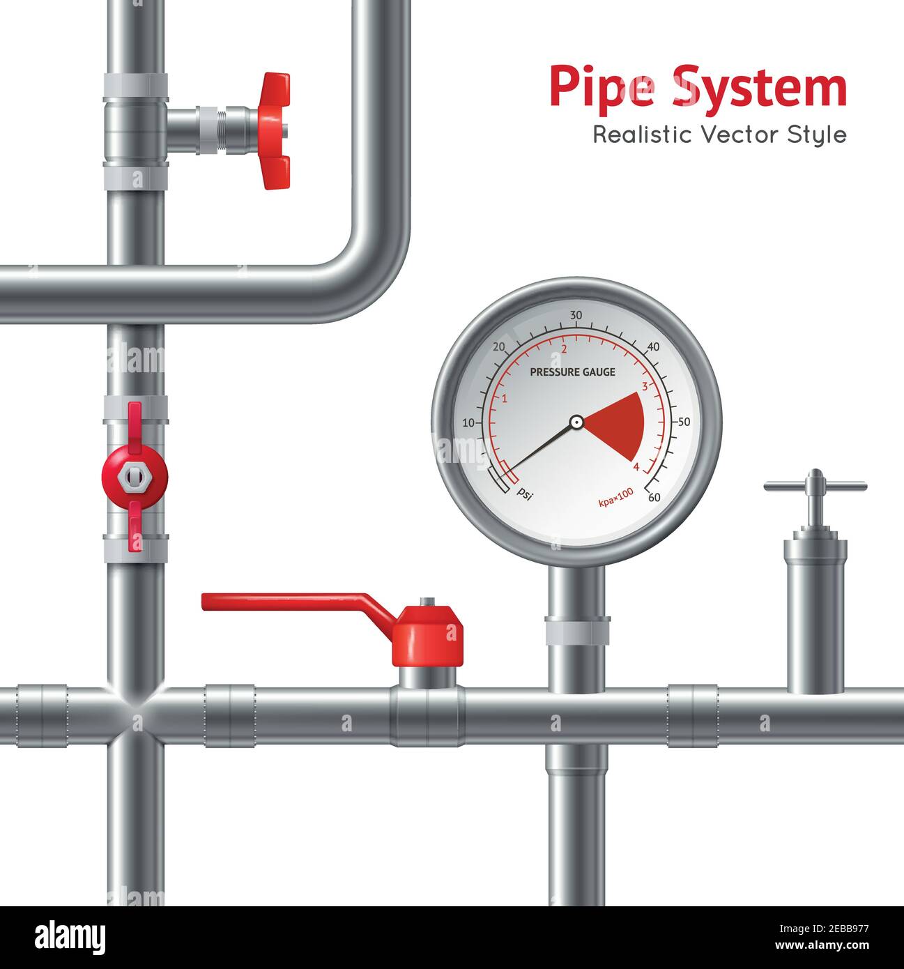 Plastic pipe system with pressure gauge realistic background vector illustration Stock Vector