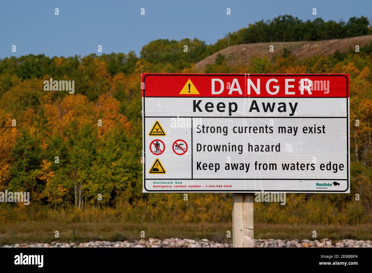 Danger Keep Away Sign at Shellmouth Dam, Manitoba, Canada. Stock Photo