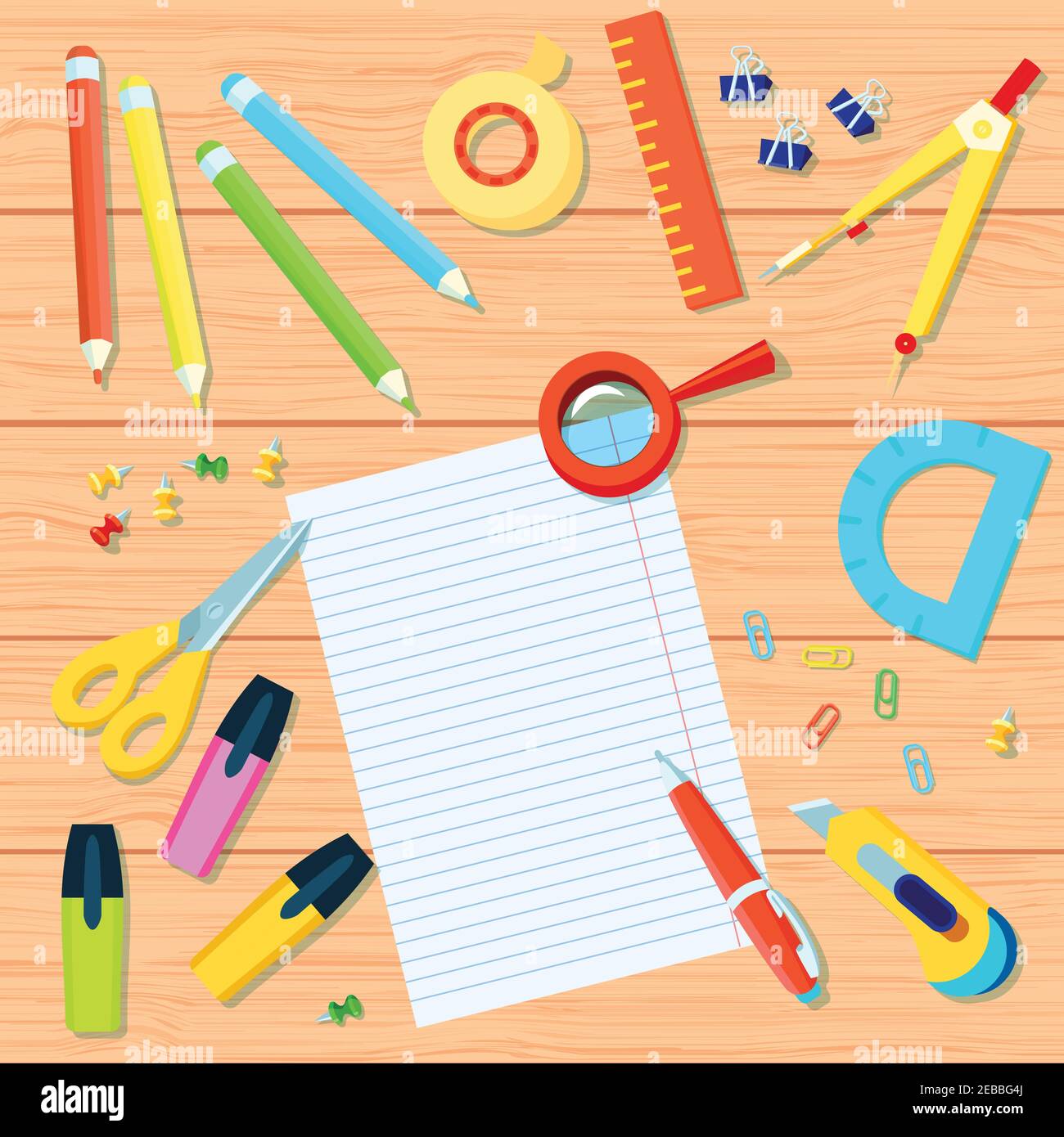 Office stationery supplies, blue and pink background. School or education  accessories, writing and drawing tools, pencils and rubbers, ruler and  paper Stock Photo - Alamy