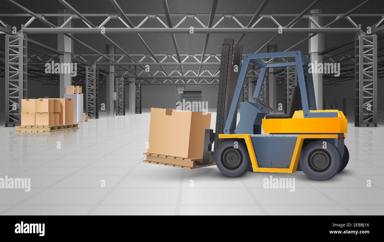 Warehouse interior and logistics realistic background with forklift and ...