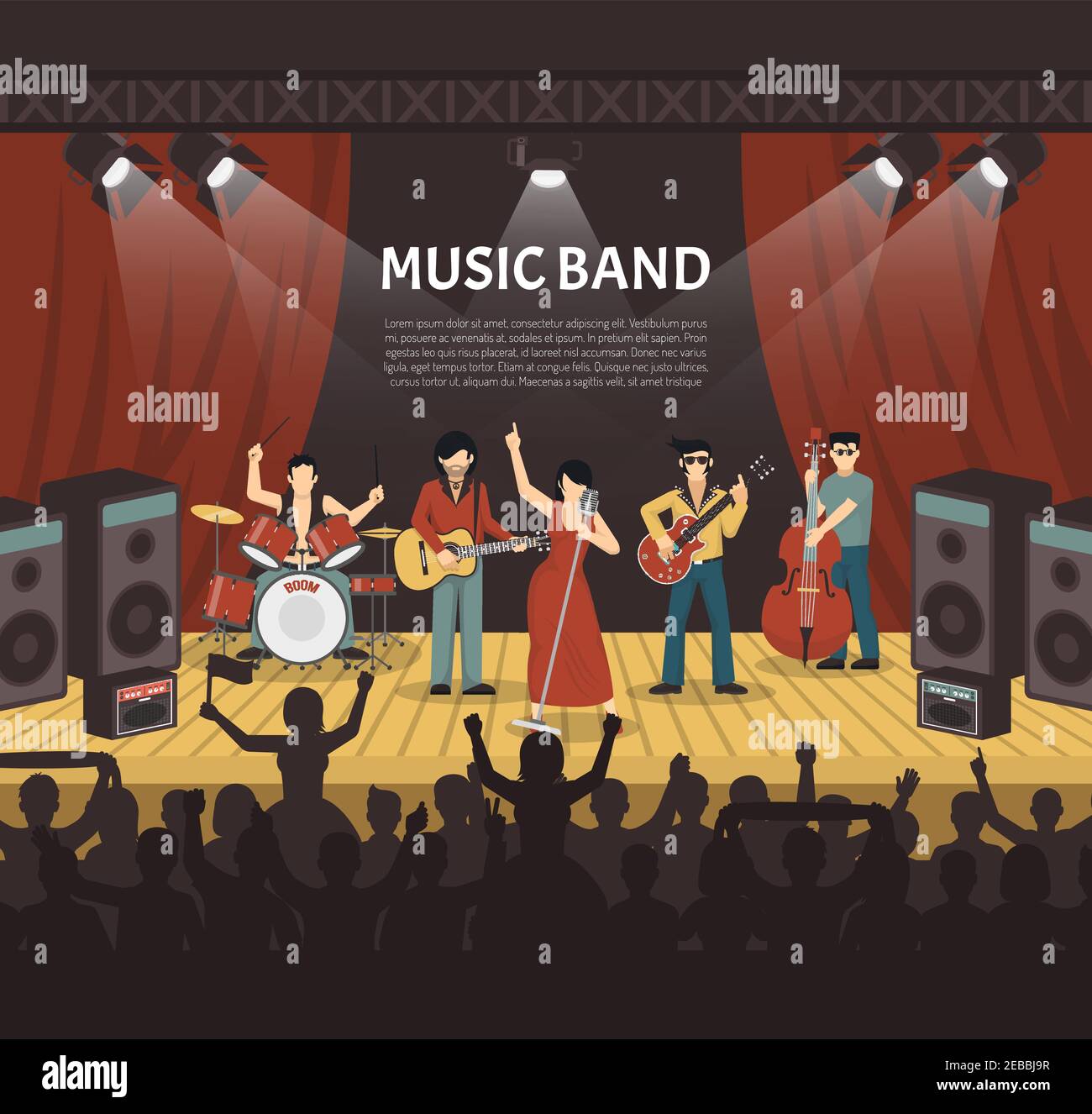 Pop music band flat vector illustration with musicians on stage and  silhouettes of young audience coming to concert Stock Vector Image & Art -  Alamy