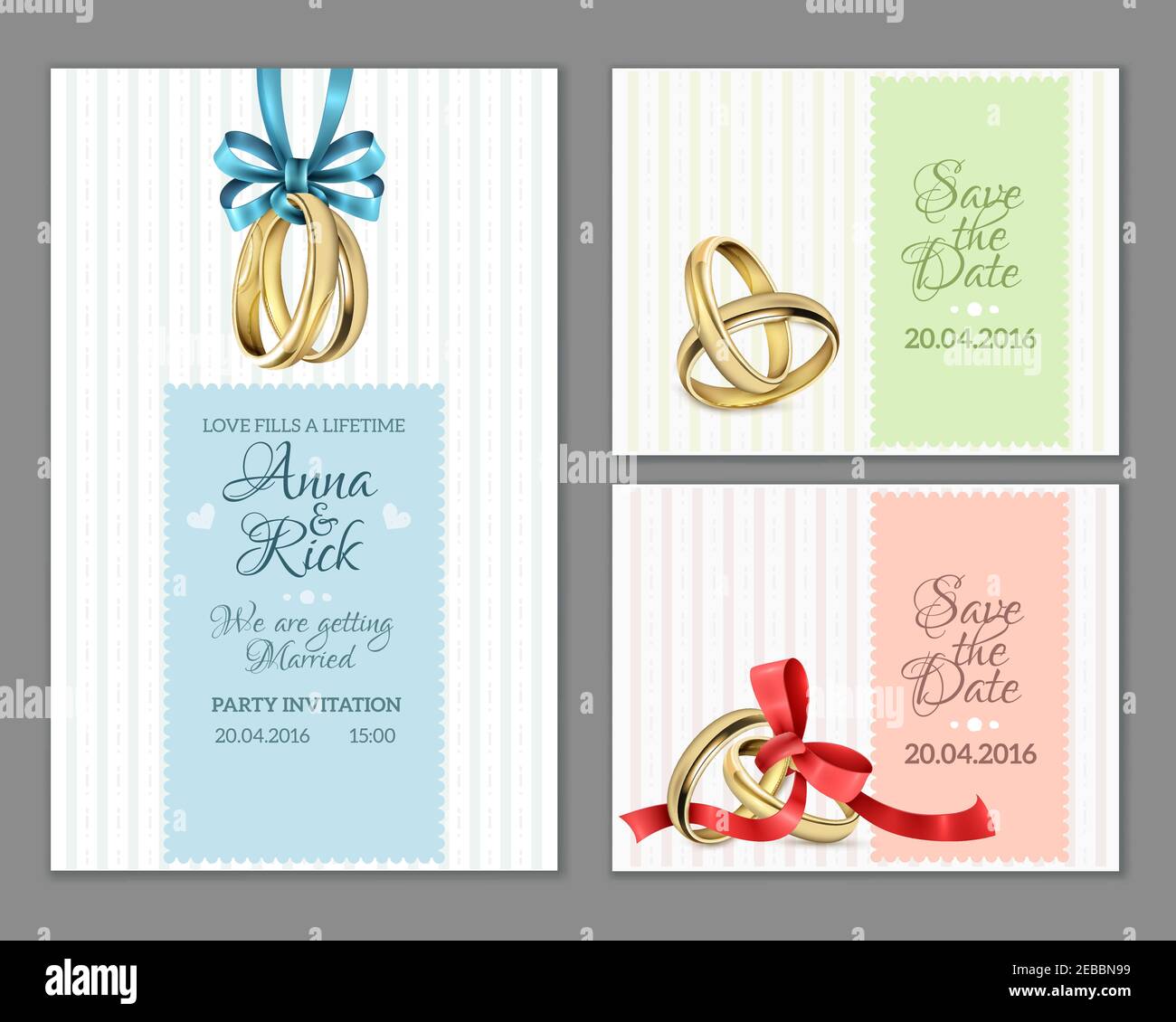 Celebrate invitation wedding cards with gold rings blue and red ribbon bows on striped background vector illustration Stock Vector