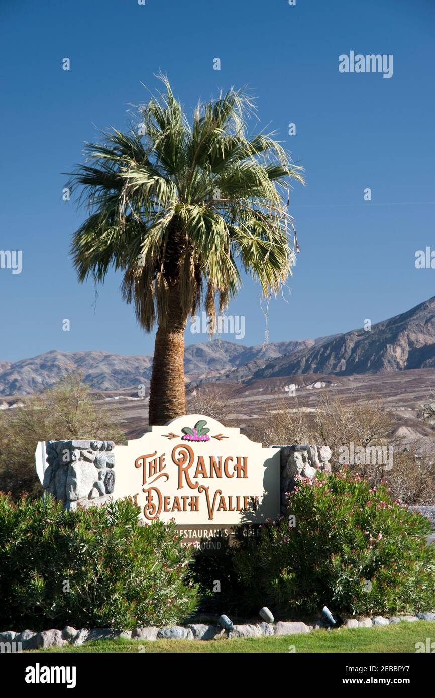 Log Valley Ranch Sign Sign at entrance to the Ranch at Death Valley, the National Park ...