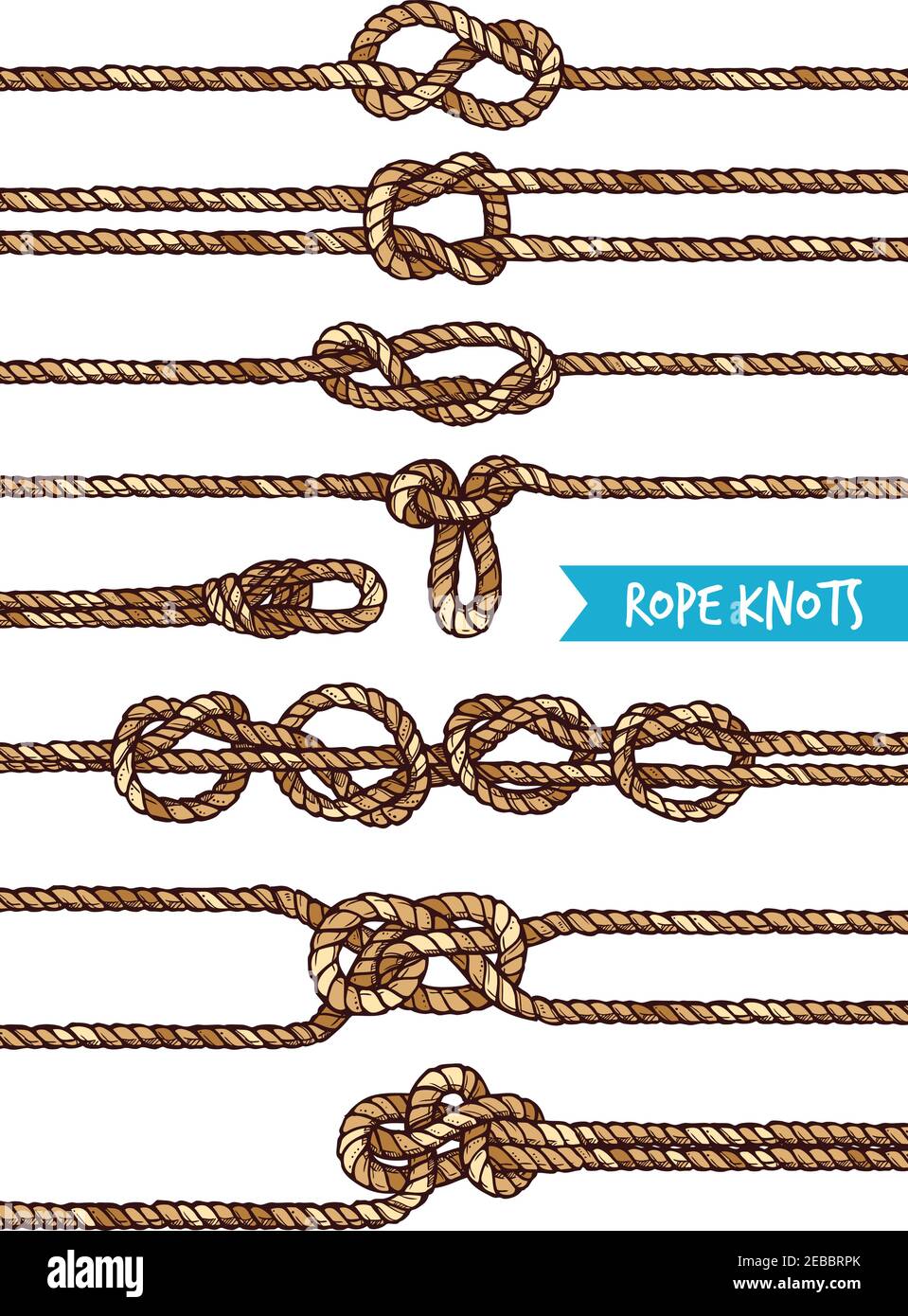 Rope knots set of different nodes and shapes in hand drawn style