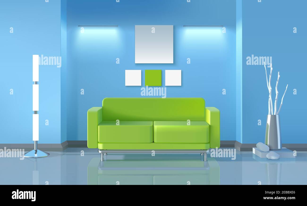 Modern living room realistic design with green sofa and lamps vector ...
