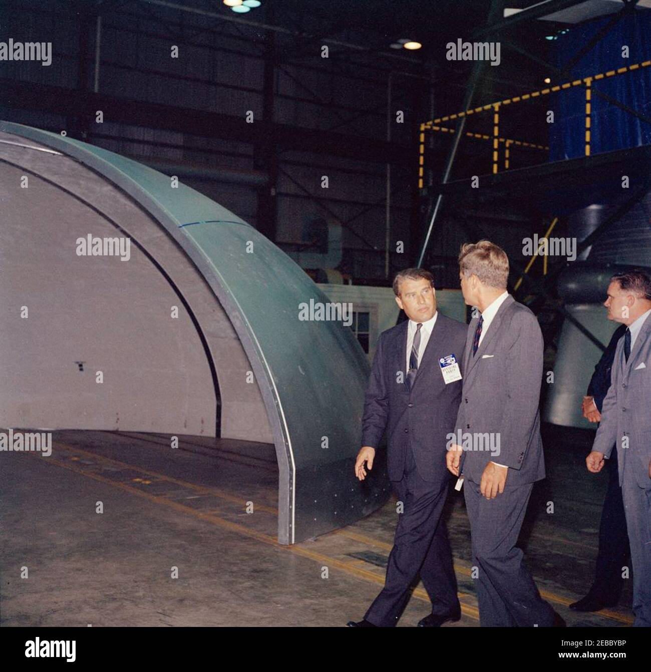 Inspection tour of NASA installations: Huntsville Alabama, Redstone Army Airfield and George C. Marshall Space Flight Center, 9:35AM. President John F. Kennedy tours the George C. Marshall Space Flight Center (MSFC) at Redstone Arsenal, Huntsville, Alabama. Left to right: Director of the MSFC, Dr. Wernher von Braun; President Kennedy; Administrator of the National Aeronautics and Space Administration (NASA), Dr. James E. Webb. The President visited the MSFC as part of a two-day inspection tour of NASA field installations. Stock Photo