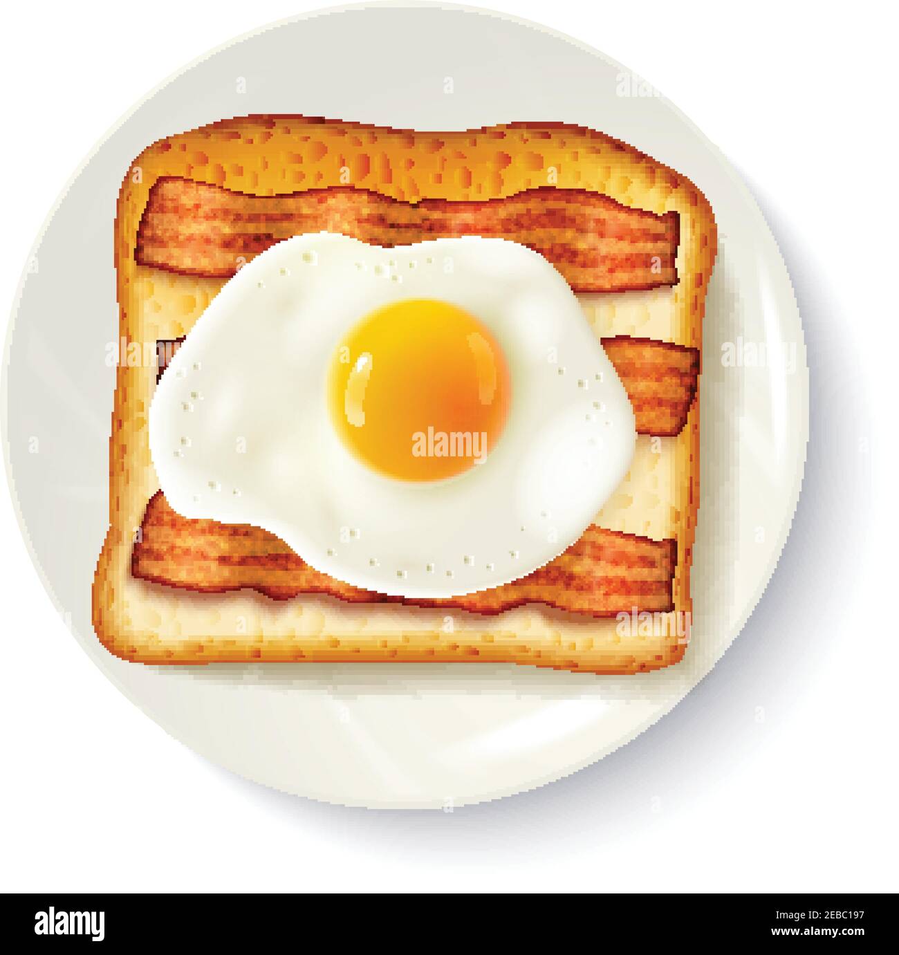 American breakfast food top view realistic image of toasted bread  fried egg and bacon on plate vector illustration Stock Vector