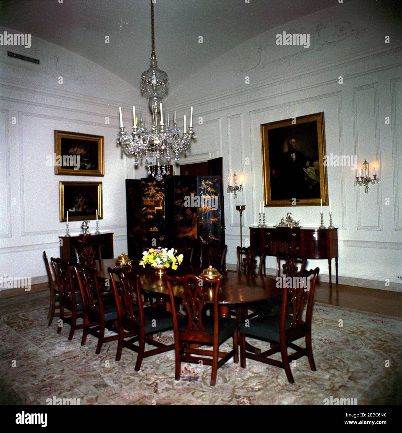 White House Rooms Family Dining Room Table With Floral Centerpiece In The Family Dining Room On The First Floor Of The White House Washington D C A Portrait Of President John Tyler Painted