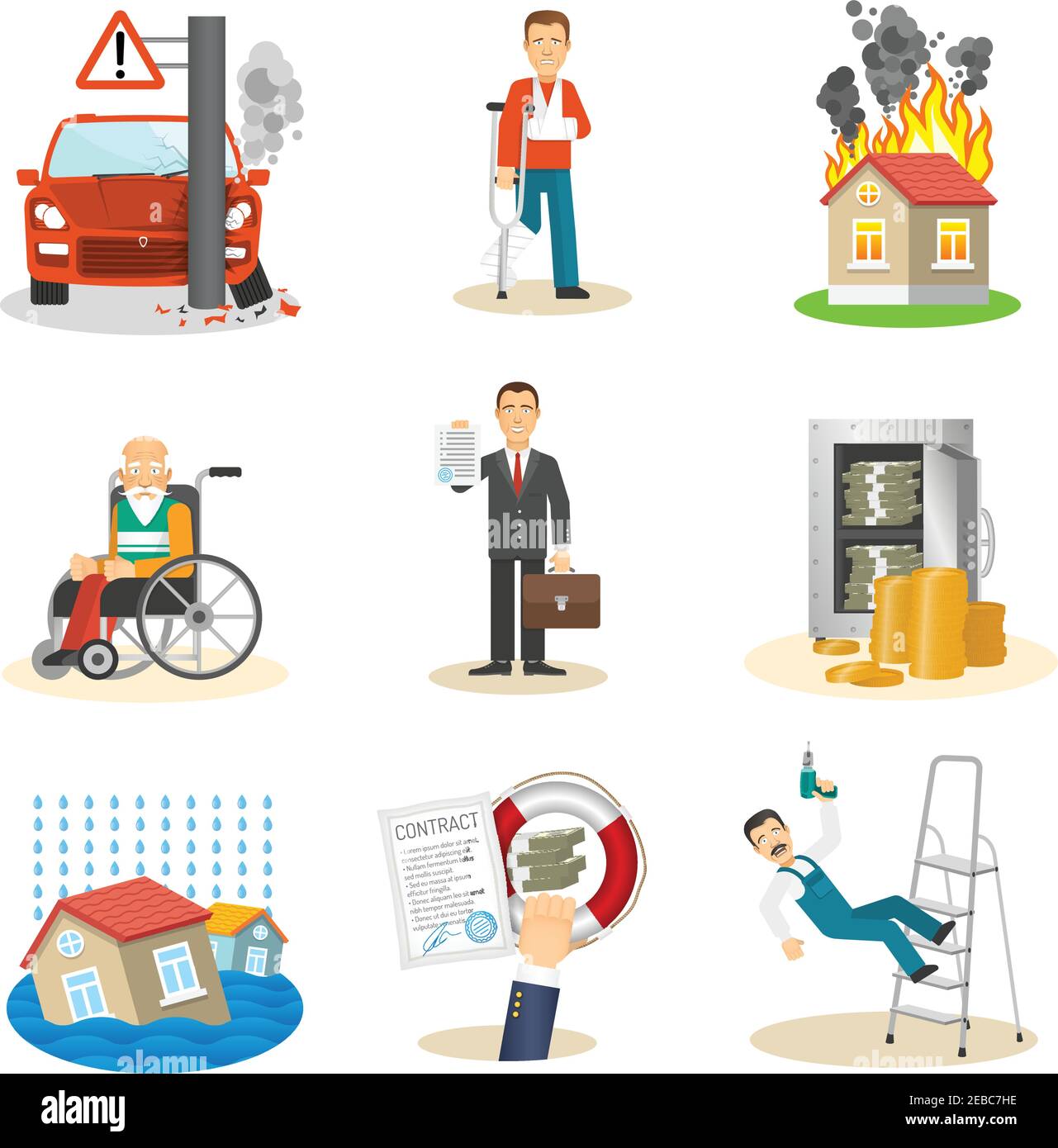 Insurance and risk insured event flat icons set on white background ...