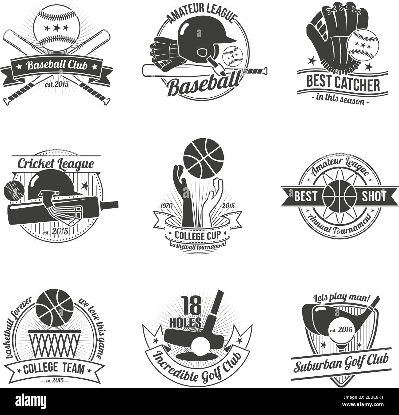 Baseball cricket golf clubs sport label black set isolated vector