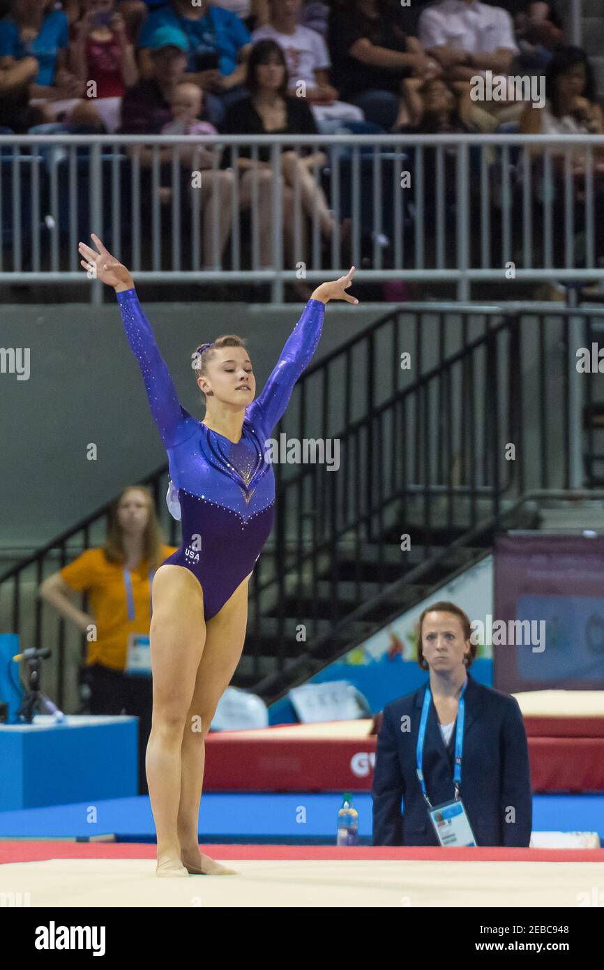 Amelia Hundley from the United States performs in the final of the women's floor competition during the Toronto Pan American Games 2015. This performance earn Stock Photo