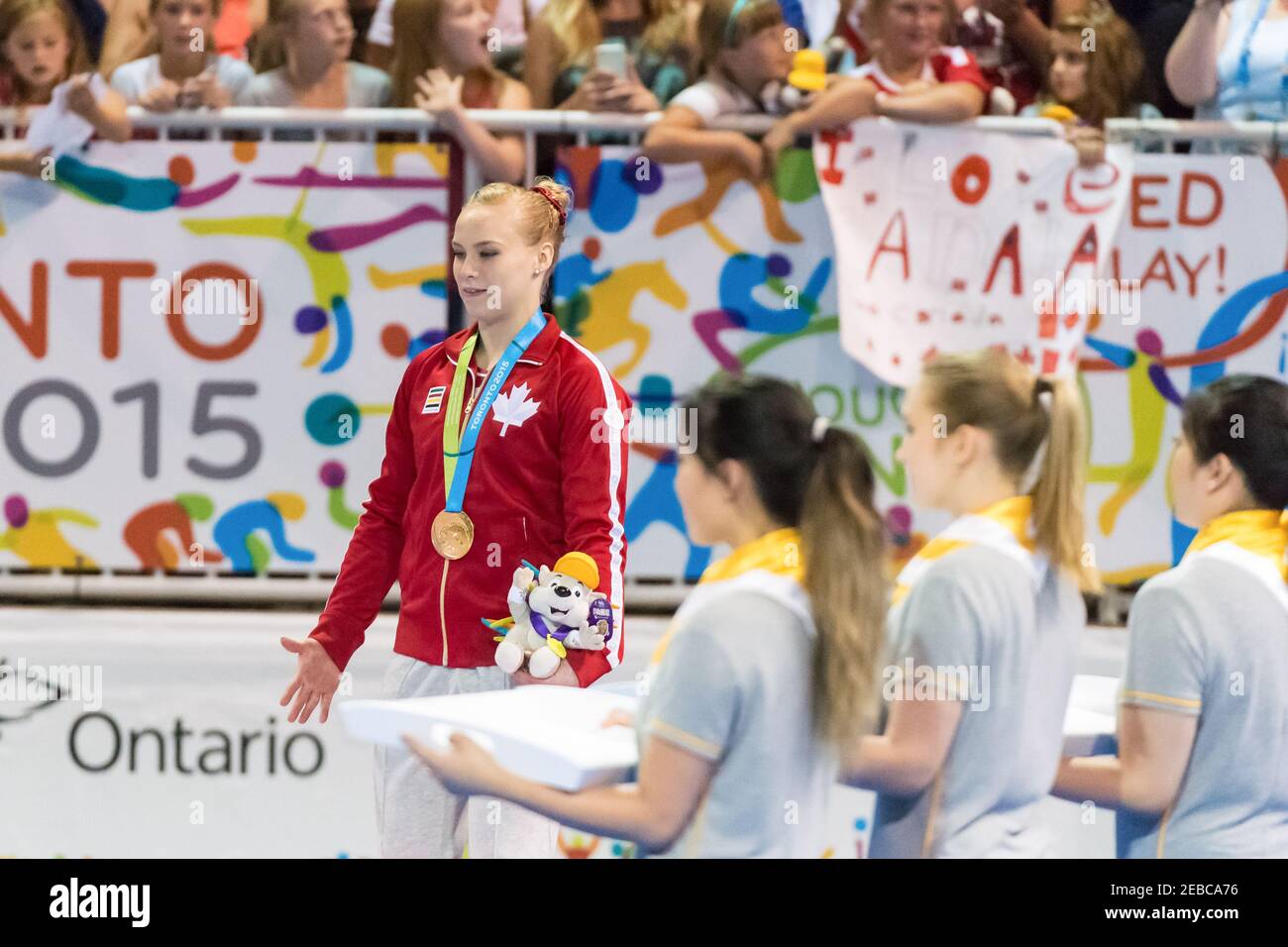 Toronto Panam Games 2015: Medal ceremony for Women Floor Final in Gymnastic Artistic. First place and Gold Ellie Black from Canada (red upper clothes) Stock Photo