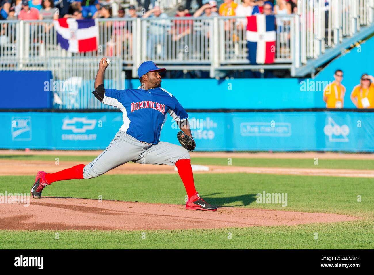Toronto Panam Baseball 2015-Cuba vs the Dominican Republic:  Adalberto Mendez (Dominican Republic) opens the match against Cuba and gets a lost game by all Stock Photo