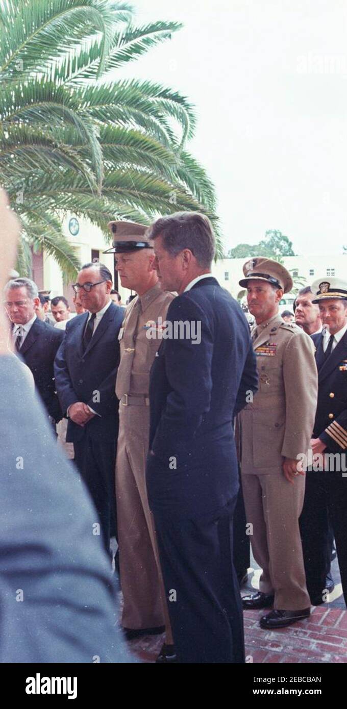 Trip to Western States: San Diego, California, Marine Corps Recruit Depot, tour of barracks, inspection of recruits, and address at Hall Field. President John F. Kennedy (center) stands outside Pendleton Hall during a visit to the Marine Corps Recruit Depot (MCRD) in San Diego, California. Also pictured: Senator Clair Engle (California); Governor of California, Edmund G. u0022Patu0022 Brown; Commanding Officer of the MCRD recruit training regiment, Colonel Merrill M. Day; Commanding General of the MCRD, Major General Sidney S. Wade; Naval Aide to the President, Captain Tazewell T. Shepard, J Stock Photo