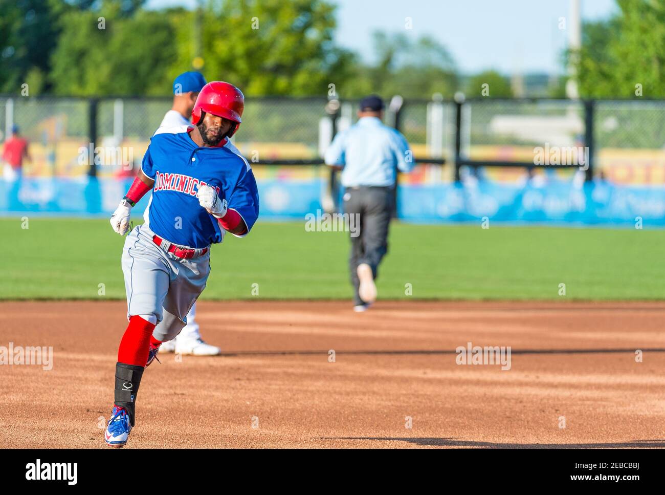 Toronto Panam Baseball 2015-Cuba vs the Dominican Republic: Ruben Sosa bats home run in the first at-bat, first inning of Cuba vs the Dominican Republic. P Stock Photo