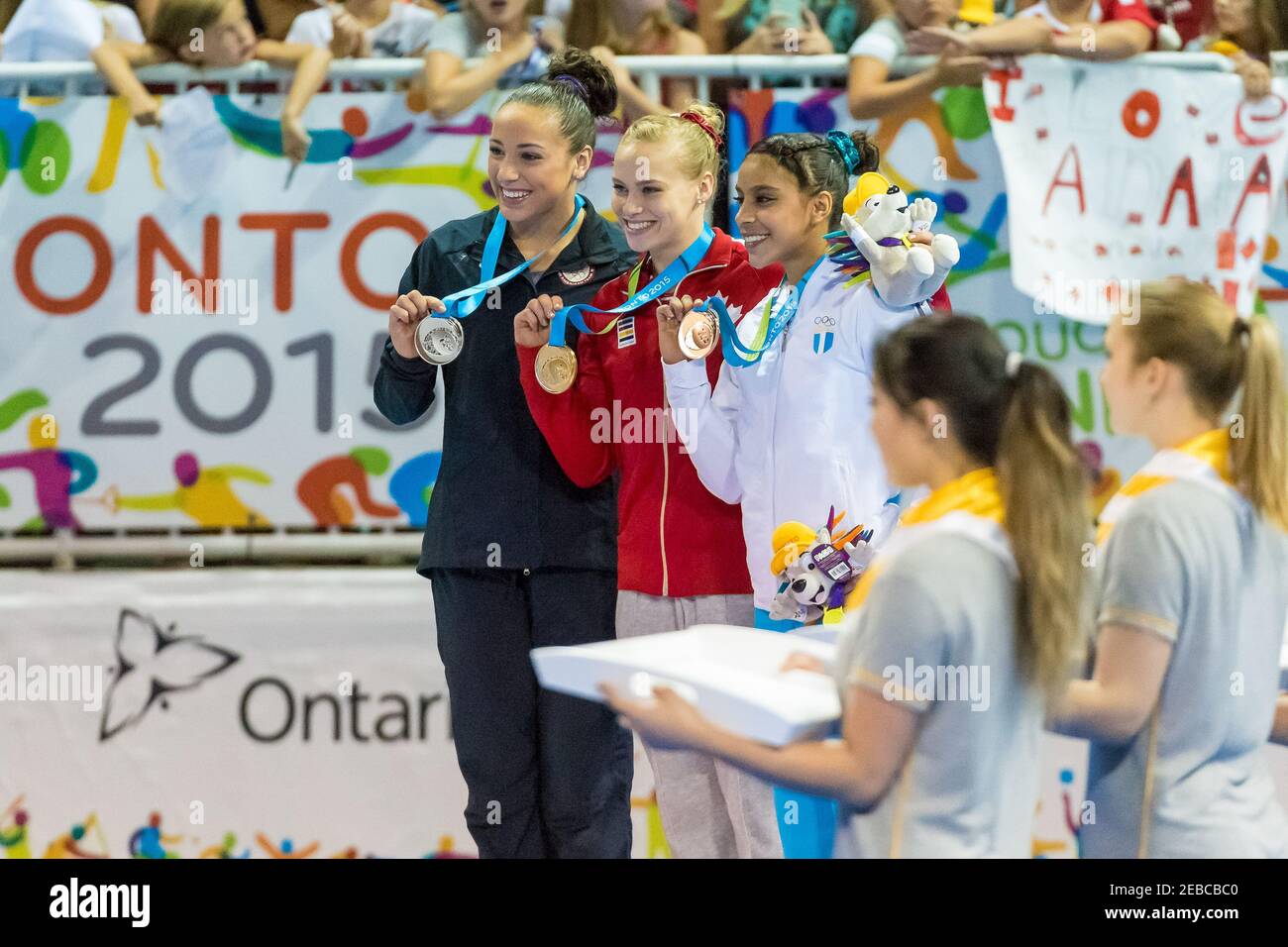 Toronto Panam Games 2015: Medal ceremony for Women Floor Final in Gymnastic Artistic. First place and Gold Ellie Black from Canada (red upper clothes) Stock Photo