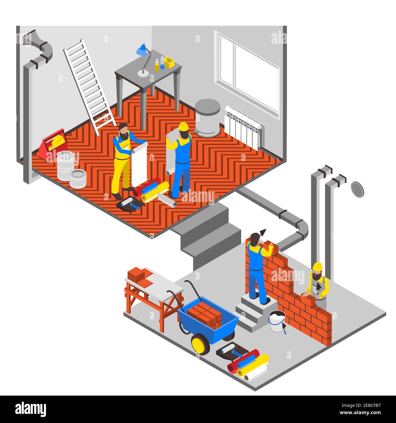 Interior repairs isometric composition with workers equipment and paint ...