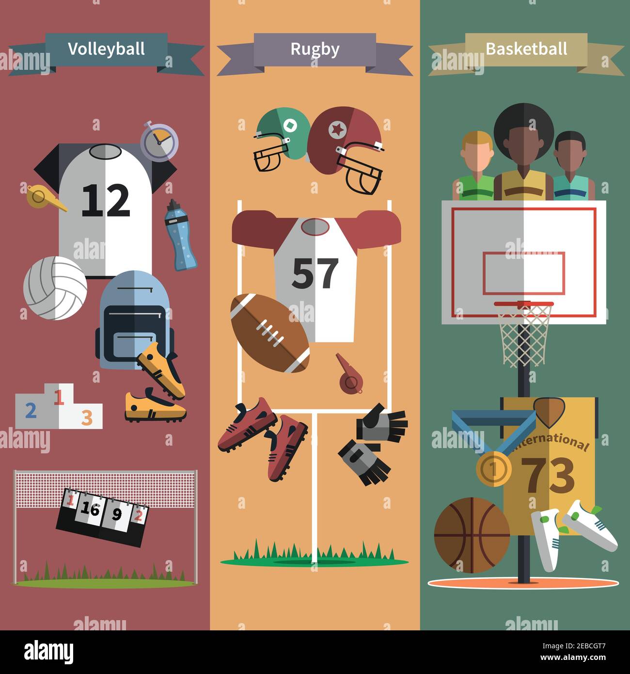 Volleyball rugby and basketball team sport attributes 3 flat vertical banners set abstract